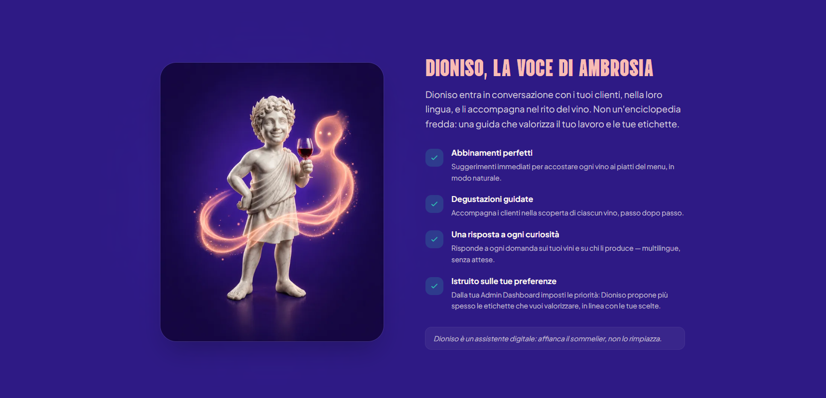 Dioniso, la voce di Ambrosia: il sommelier virtuale raffigurato come statua classica con i suoi vantaggi