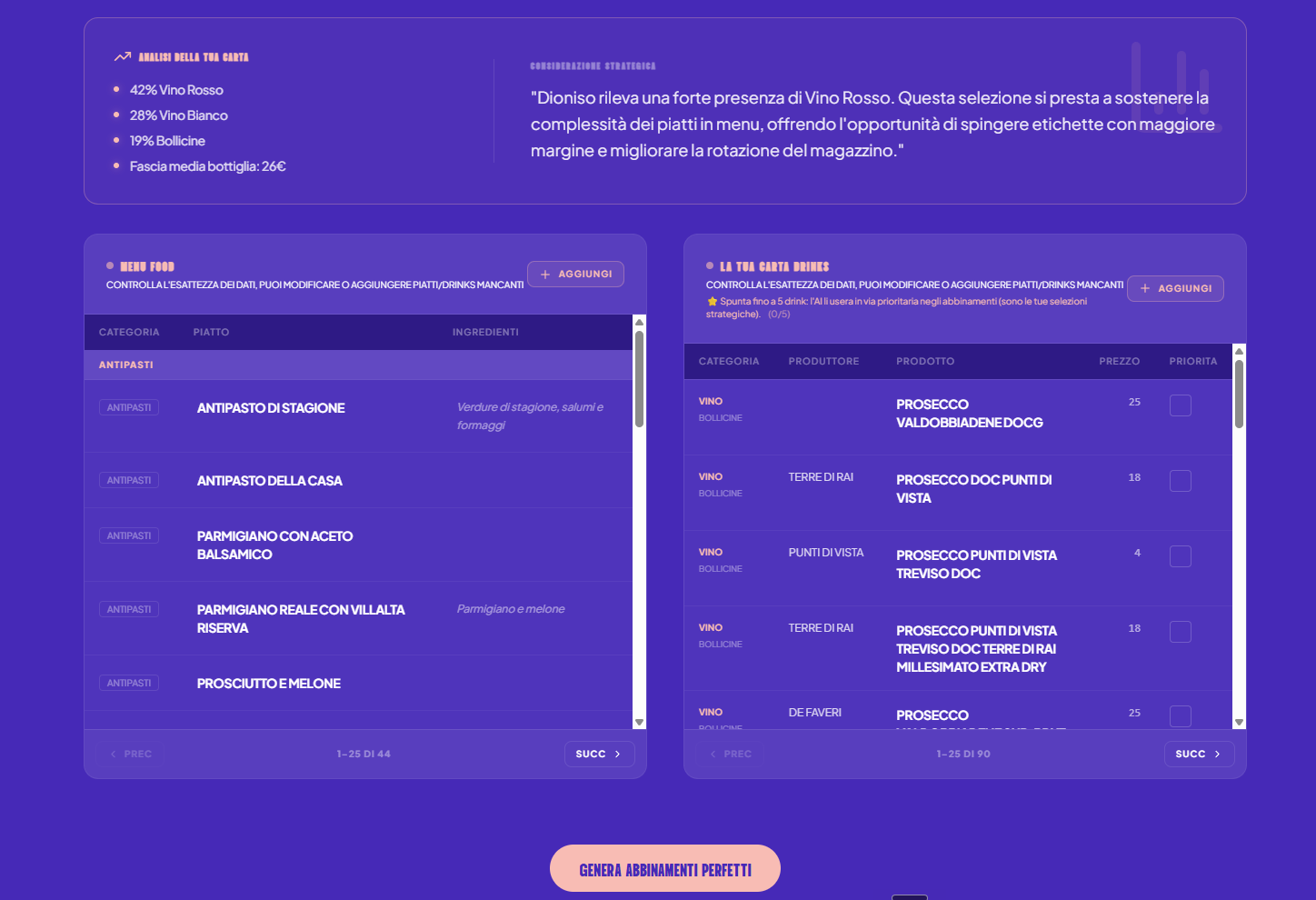 PairBuilder: tabelle di piatti e vini con il pulsante Genera abbinamenti perfetti